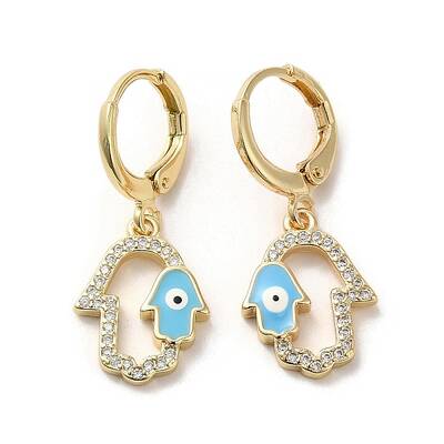 Hamsa Hand with Evil Eye Real 18K Gold Plated Brass Dangle Leverback Earrings