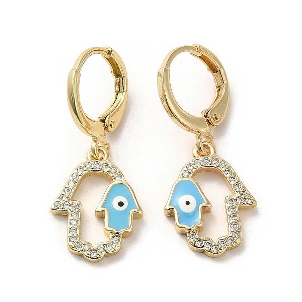 Hamsa Hand with Evil Eye Real 18K Gold Plated Brass Dangle Leverback Earrings