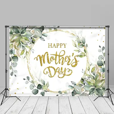 Green Leaves Gold White Happy Mothers Day Backdrop - Aperturee