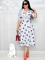 Women's Polka Dot Print Belted Wrap Lapel Dress, Elegant Fit Short Sleeve A Line Midi Dress for Summer, Back To School Women'...