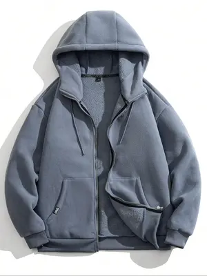 Men's Solid Pocket Drawstring Zip Up Hooded Jacket, Regular Fit Casual Long Sleeve Thermal Lined Outerwear for Fall & Winter,...