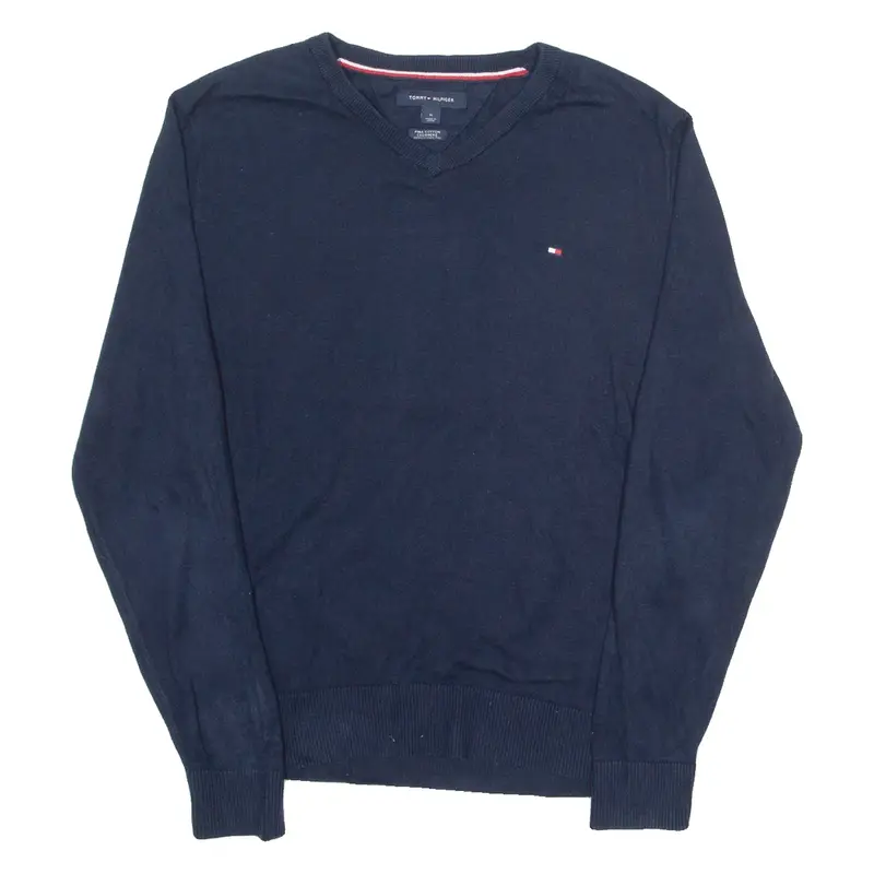 TOMMY HILFIGER Mens Jumper Blue V-Neck Tight Knit M