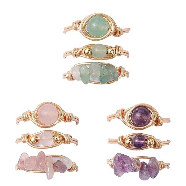 3Pcs 3 Styles Natural Rose Quartz & Amethyst & Green Aventurine Finger Rings