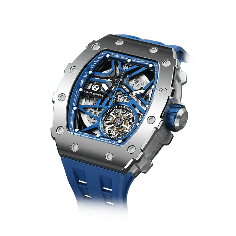 TSAR BOMBA Men's Automatic Watch | Silver Blue | Elemental TB8209A | 10ATM Waterproof | Japanese Mechanical Skeleton Movement...