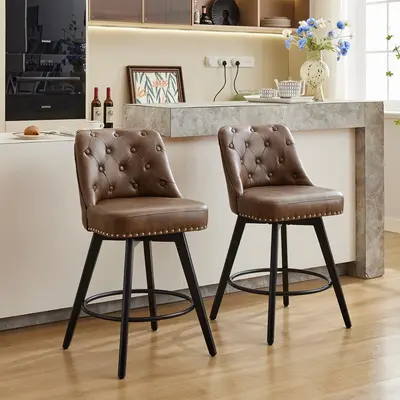 Garvee Counter Height Bar Stools Set of 2, Modern Swivel Bar Stools with Back and Wood Legs, 26 H Seat Height Upholstered Ba...