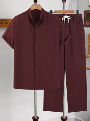 Men's Loose Thin Solid Print Shirt & Drawstring Pocket Pants Set, Full Sets Men Outfit, Short Sleeve Button Down Plain Colla...