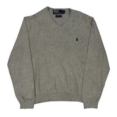 Polo By Ralph Lauren V-Neck Jumper - Large Grey Cotton
