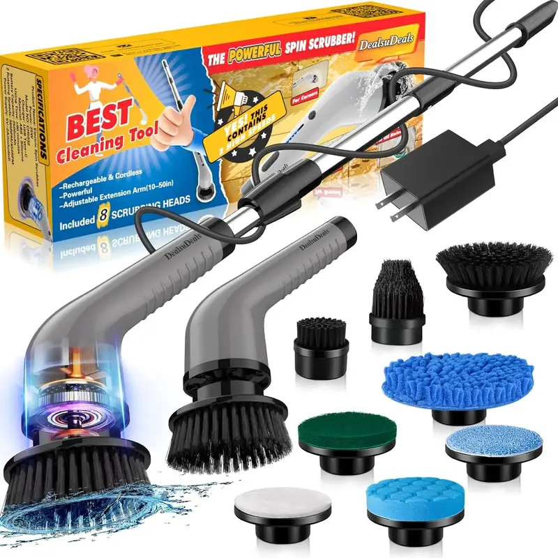 Electric Spin Scrubber, Rechargeable Scrubber Cleaning Brush with Adapter & 8 Replacement Heads, Cordless Shower Power Scrubb...