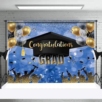 Blue Black Cap Balloon Bokeh Congrats Grad Backdrop - Aperturee