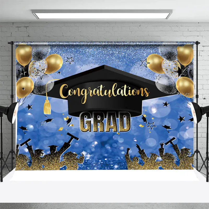 Blue Black Cap Balloon Bokeh Congrats Grad Backdrop - Aperturee