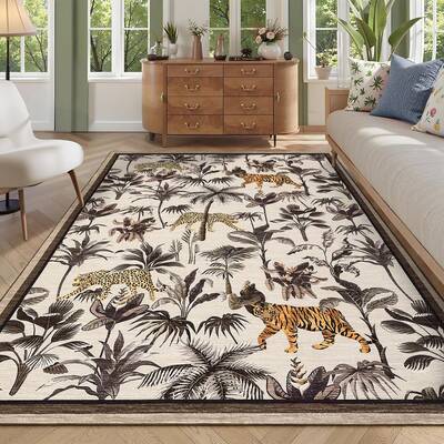 Garvee Taupe Tiger 9x12 Washable Area Rug - Tropical Jungle Design, Non-Slip & Stain Resistant, Low Pile, Non-Shedding, Taupe...
