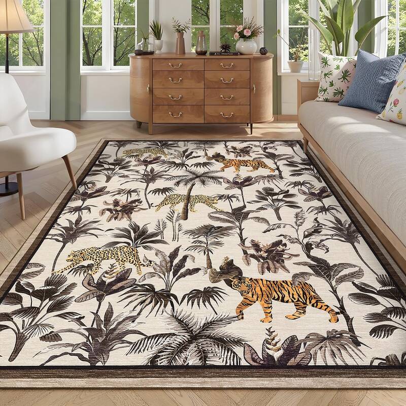 Garvee Taupe Tiger 9x12 Washable Area Rug - Tropical Jungle Design, Non-Slip & Stain Resistant, Low Pile, Non-Shedding, Taupe...
