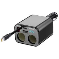 Car Cigarette Lighter Splitter,147W Retractable Car Charger with Type-C Cable 2 USB Ports,Fast Car Phone Charger with LED Vol...