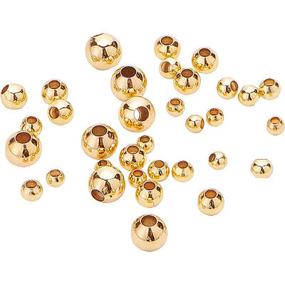 BENECREAT 200Pcs 18K Gold Plated Brass Beads Round Spacer Beads with 4 Mixed Size(0.5-1.5mm Hole) for Necklaces