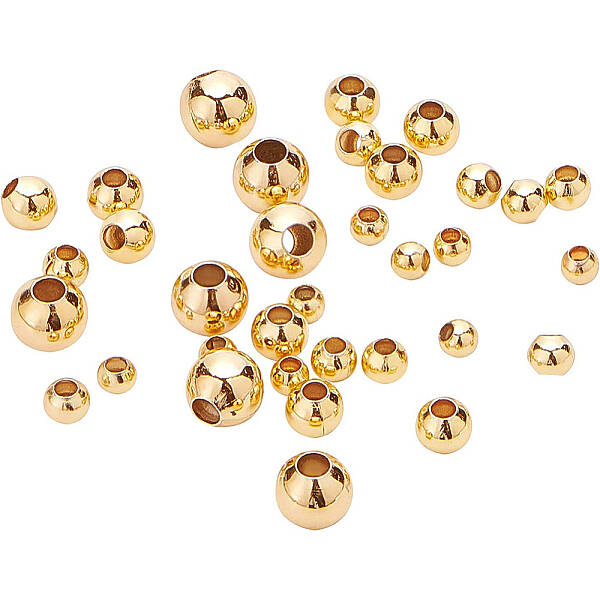 BENECREAT 200Pcs 18K Gold Plated Brass Beads Round Spacer Beads with 4 Mixed Size(0.5-1.5mm Hole) for Necklaces