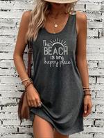 Women's Letter & Sun Print Tank Dress, Casual Sleeveless V Neck Short Dress for Beach Holiday Vacation, Ladies Clothes for Al...