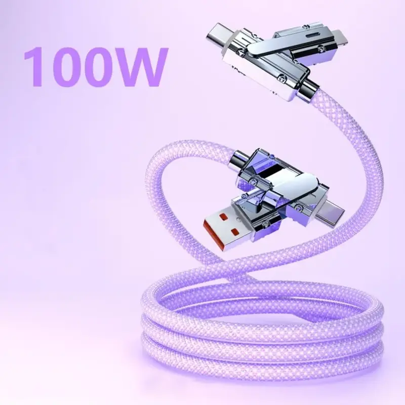 100W 4-in-1 Fast Charging Data Cable, Durable Braided Data Transmission Line, Phone Accessories for Apple Android Phones