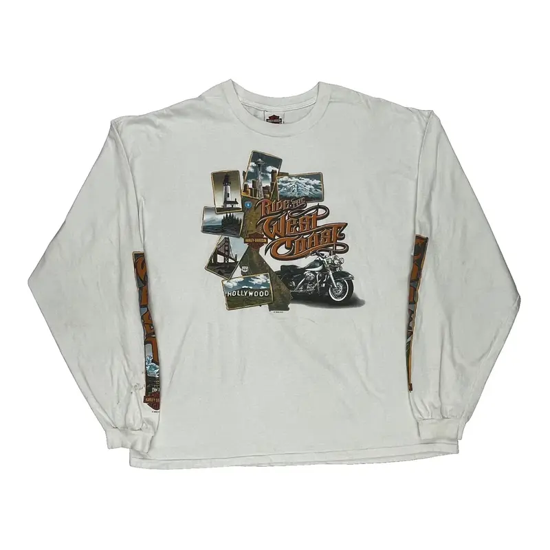 Route 66 Harley Davidson Graphic Long Sleeve T-Shirt - 3XL White Cotton