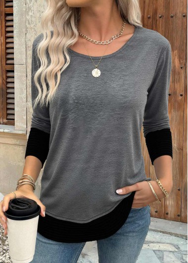 Modlily Dark Grey Patchwork Long Sleeve Round Neck T Shirt - XL