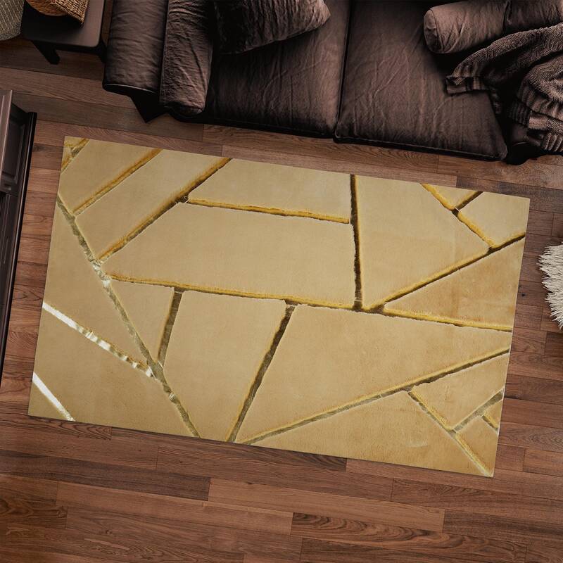Brown Fur Plush Rug with Gold Stripes