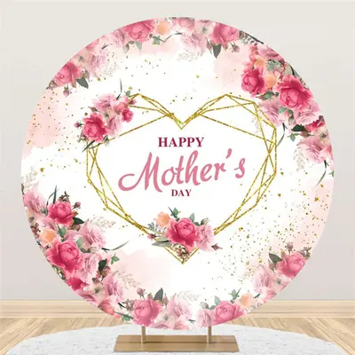 Floral Leaves Gold Heart Round Mothers Day Backdrop - Aperturee