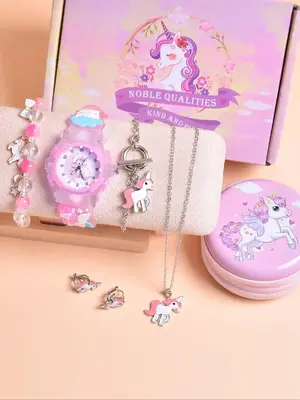 Cute Unicorn Design Quartz Watch & Jewelry Set, Including Watch, Bracelet, Necklace, Earrings, Bracelet, Fashionable Watch Se...