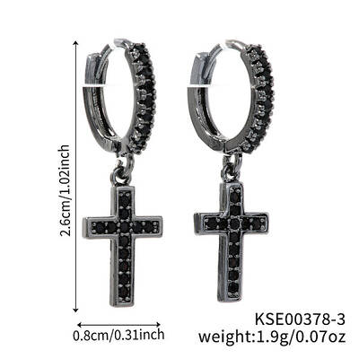 Shiny Brass Pave Cubic Zirconia Cross Hoop Earrings