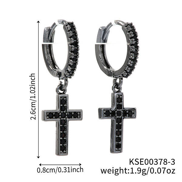 Shiny Brass Pave Cubic Zirconia Cross Hoop Earrings