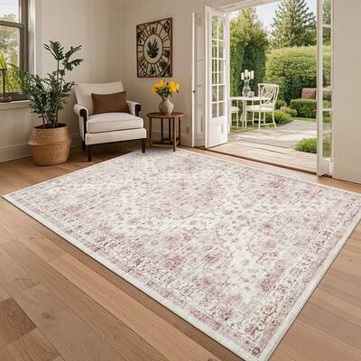 Garvee Area Rug 5x7 Vintage Floral Living Room Rug Non Slip Pink Indoor Foldable Carpet