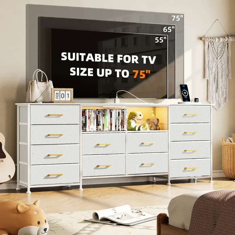 12 Drawer Dresser TV Stand With LED For 55''/65''/75'' TV, Long Dresser For Bedroom With 12 Deep Drawers, Wide Console Table ...