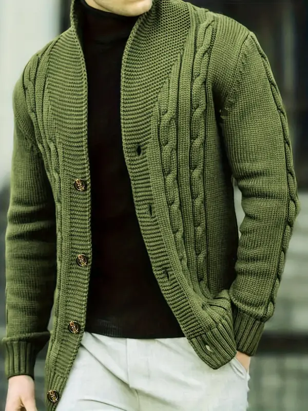 Men's Solid Button Front V Neck Cable Knit Cardigan, Regular Fit Casual Long Sleeve Cardigan Sweater for Daily Wear, Men Knit...