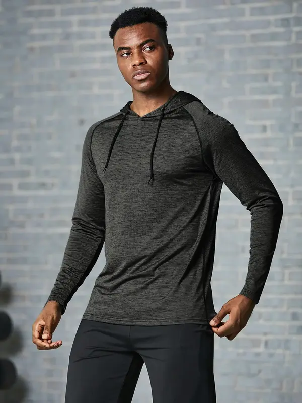 Men's Plain Drawstring Sports Hoodie, Sporty Long Sleeve Hooded Sweatshirt for Running Workout Gym, Men Sport & Outdoor Cloth...