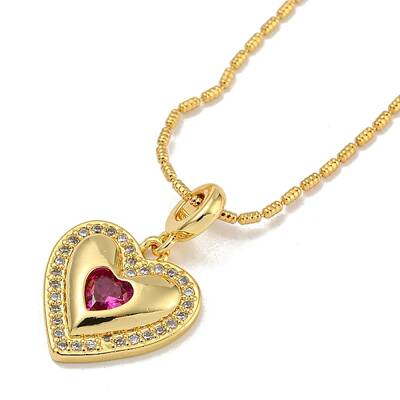 Brass Pave Cubic Zirconia Peach Heart Pendant Necklaces for Women