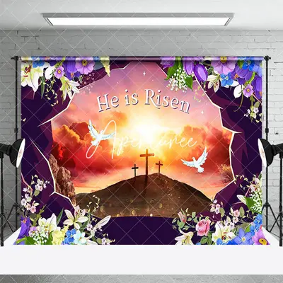 Aperturee Sunset Hills Cross Floral He Is Risen Easter Backdrop, 3X2FT(1MX0.6M), 14 USD, easter backdrops, AHF436A-M