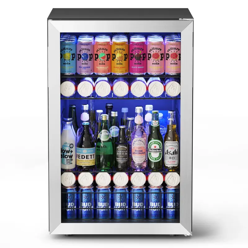 YEEGO 180 Can Beverage Cooler/Cabinet Beverage Refrigerator with Stainless Steel Doorframe,（1.6-4.6） Cu.ft, silver minifr...
