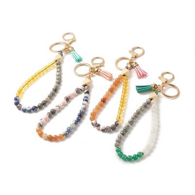 Wood & Gemstone Beaded Bracelet Wristlet Keychains