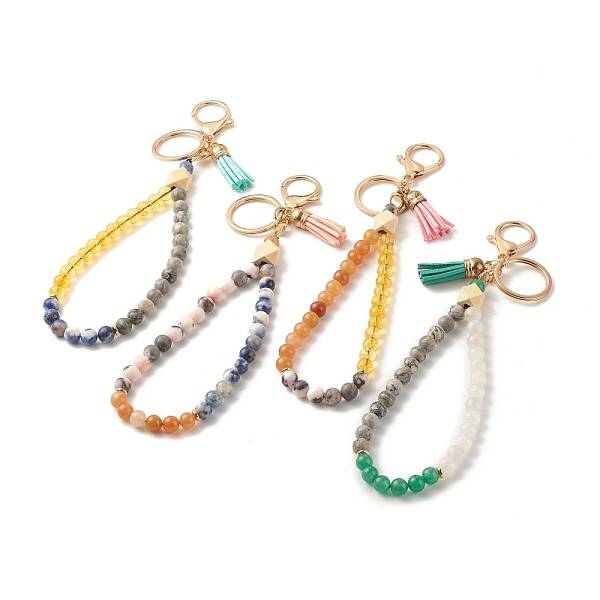 Wood & Gemstone Beaded Bracelet Wristlet Keychains
