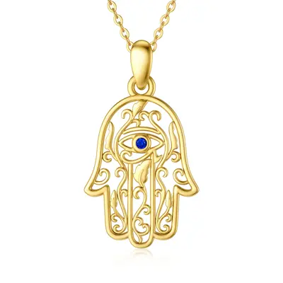 14K Gold Cubic Zirconia Evil Eye Hamsa Hand & Ivy Pendant Necklace