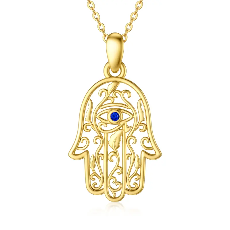 14K Gold Cubic Zirconia Evil Eye Hamsa Hand & Ivy Pendant Necklace