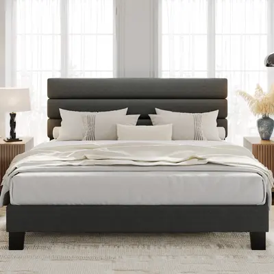 Garvee King Size Bed Frame with Adjustable Headboard, Fabric Upholstered and Wooden Slats Support Platform Bed Frame, Heavy D...