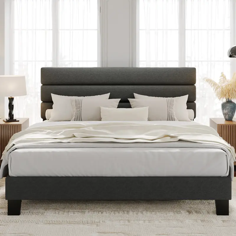 Garvee King Size Bed Frame with Adjustable Headboard, Fabric Upholstered and Wooden Slats Support Platform Bed Frame, Heavy D...