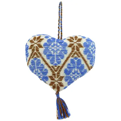 Hand-Embroidered Heart Ornament - Blue - Single