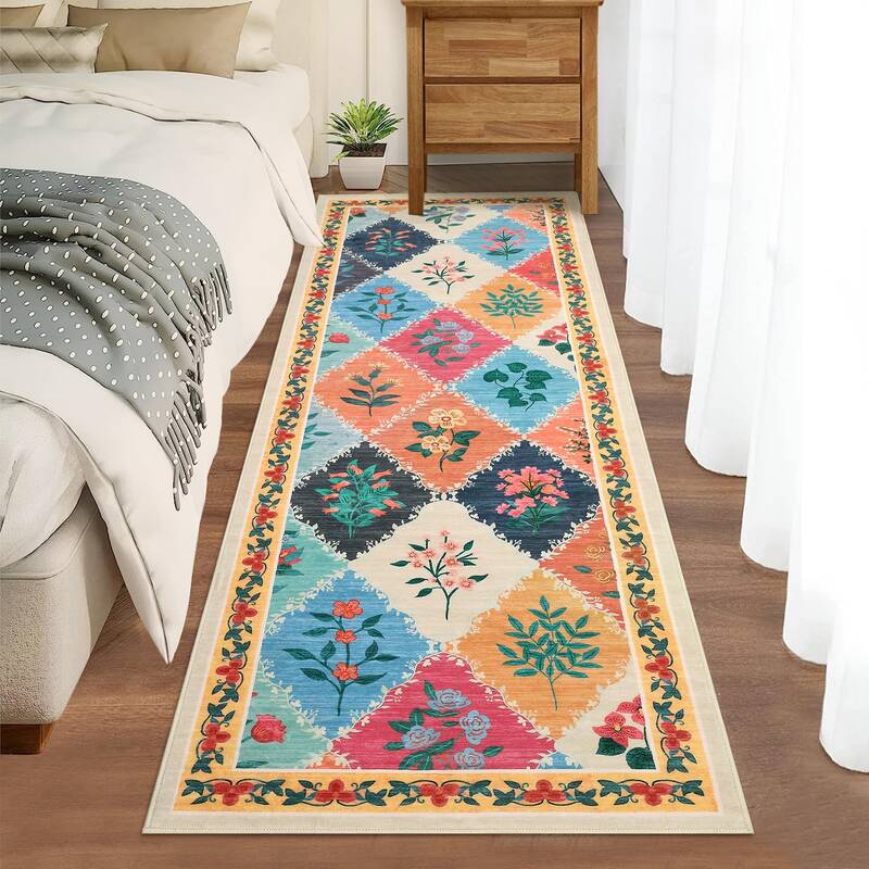 Garvee Hallway Rug 2x6 Colorful Floral Diamond Pattern Non-Slip, Washable Polyester, Stain-Resistant, Low Pile, Bedroom Livin...