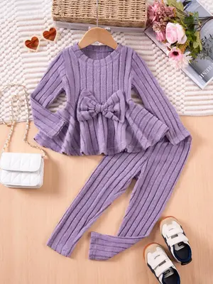 Two-Piece Set Girl's Solid Ribbed Bow Decor Crop Top & Flare Leg Pants Set, Cute Fashion Casual for Daily Outdoor Wear, Girls...