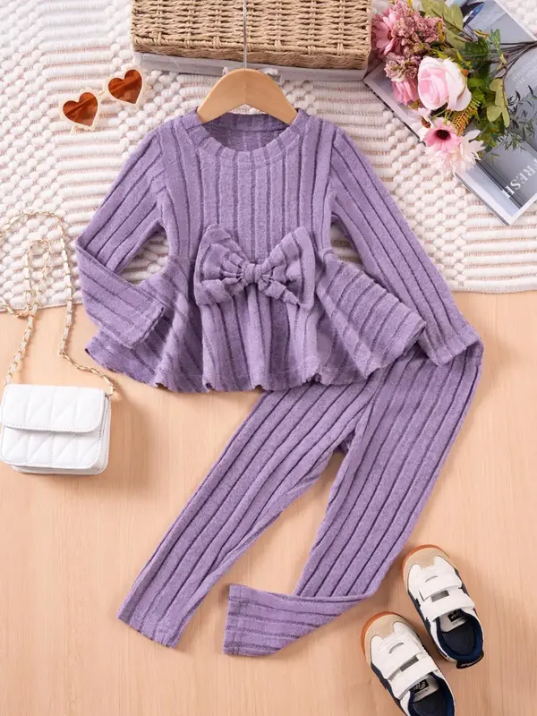 Two-Piece Set Girl's Solid Ribbed Bow Decor Crop Top & Flare Leg Pants Set, Cute Fashion Casual for Daily Outdoor Wear, Girls...