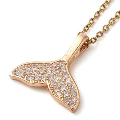 Brass Micro Pave Clear Cubic Zirconia Whale Tail Pendant Necklaces