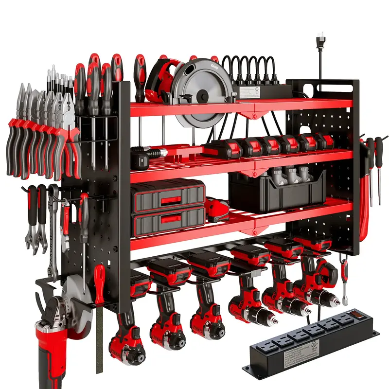 NattyDot Power Tool Organizer Wall Mount with Charging Station,Cordless Tool Organizer 6 Drill Holder, 4 Layer Storage Rack f...