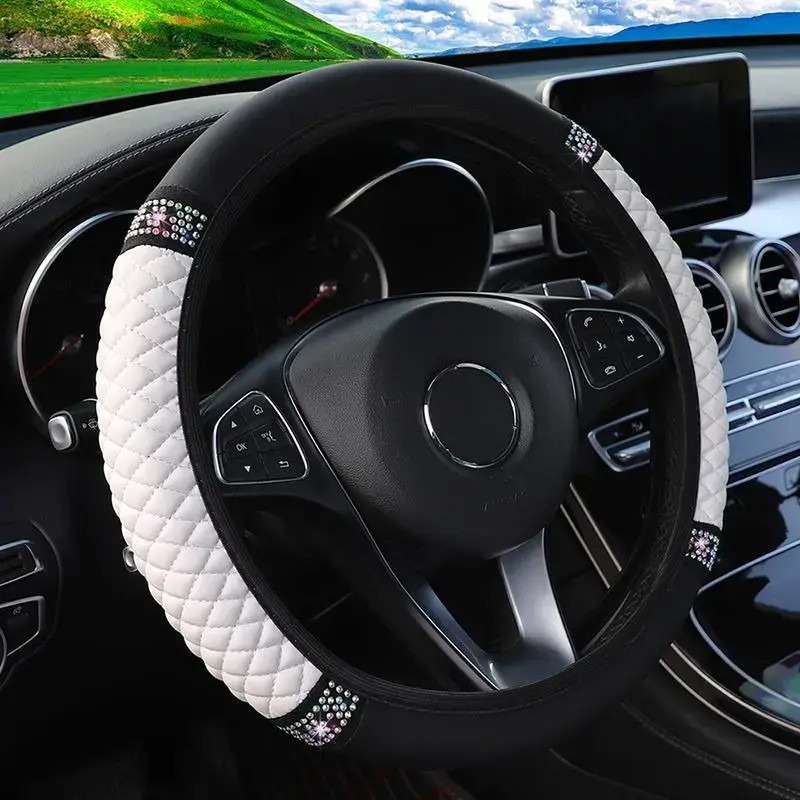 Christmas Glittering Artificial Rhinestone Car Steering Wheel Cover, 1 Count Non-slip PU Leather Cover for D-type & Round Ste...