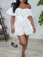 Women's Plain Tiered Layer Ruffle Off Shoulder Romper, Chic Casual Feminine Cute Shirred Waist Romper for Summer, Women's ...