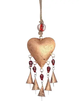 Red glass beads and bells heart shaped wind chimes